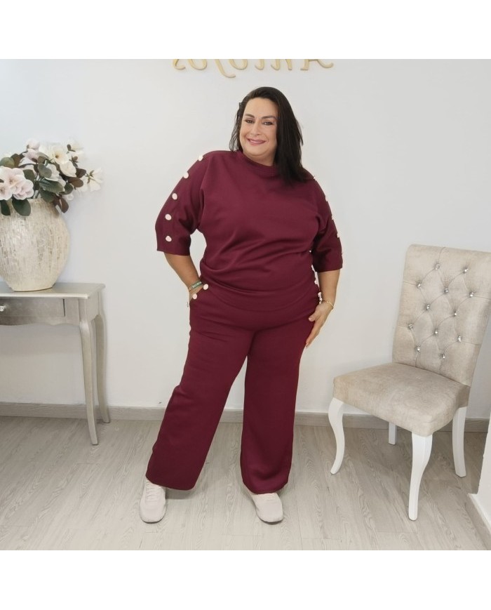 Conjunto Sudadera Botones Manga Codo y Pantalón | Borgoña Deportivo Botoncitos