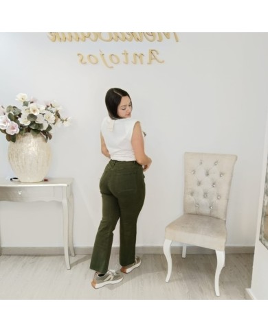 Comprar Pantalón Recto Heidi | Verde Militar Tiro Alto y Bolsillos Parche