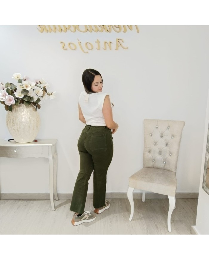 Comprar Pantalón Recto Heidi | Verde Militar Tiro Alto y Bolsillos Parche