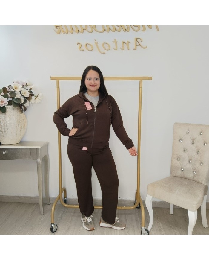 Conjunto Chándal Sudadera Cremallera y Pantalón | Bolsillos Canguro Chocolate