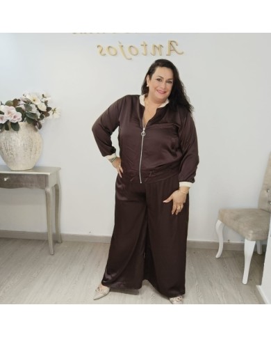 Conjunto Bomber y Pantalón Wide Leg Satinado | Verde Oliva Lujo Deportivo