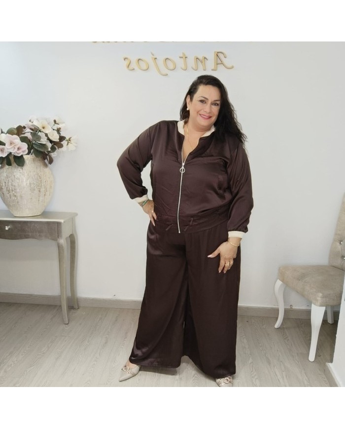 Conjunto Bomber y Pantalón Wide Leg Satinado | Verde Oliva Lujo Deportivo