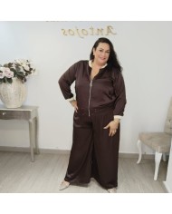 Conjunto Bomber y Pantalón Wide Leg Satinado | Verde Oliva Lujo Deportivo