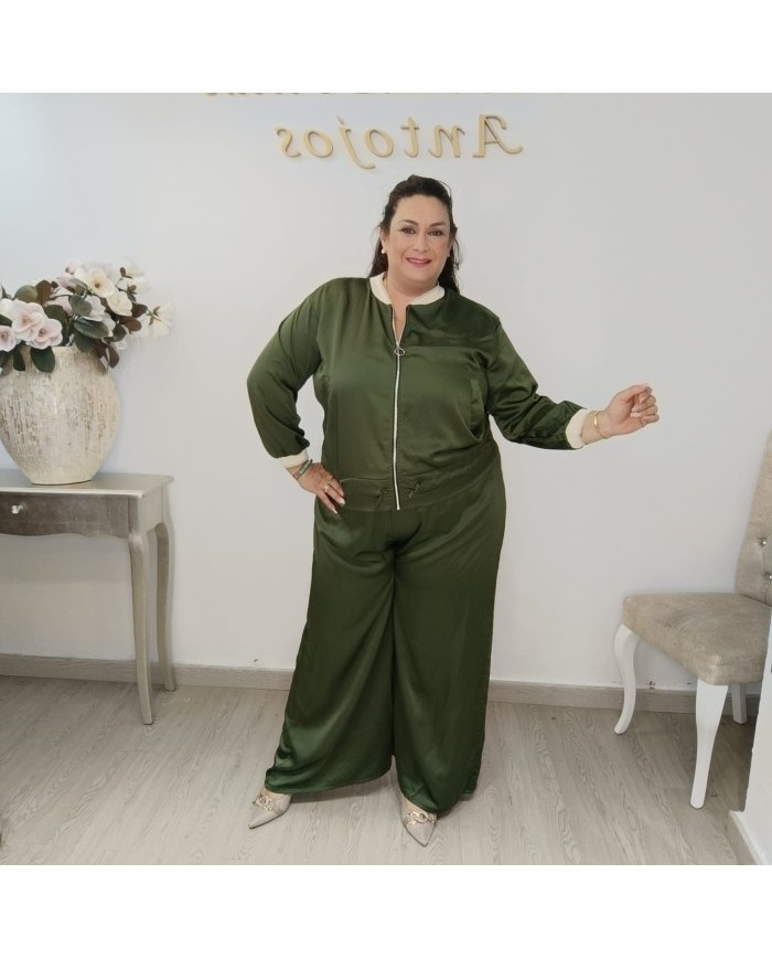 Conjunto Bomber y Pantalón Wide Leg Satinado | Verde Oliva Lujo Deportivo