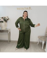 Conjunto Bomber y Pantalón Wide Leg Satinado | Verde Oliva Lujo Deportivo