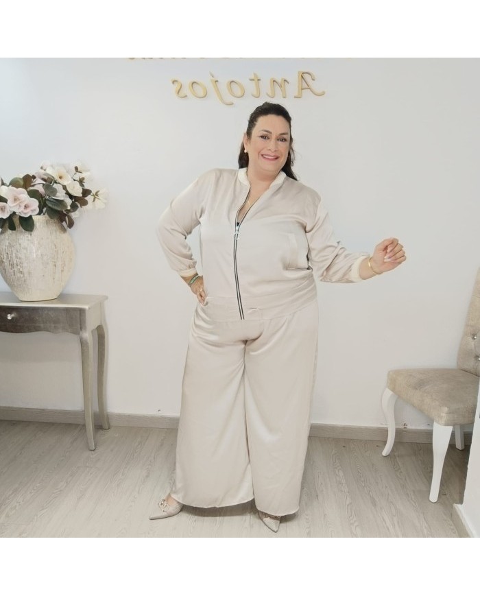 Conjunto Bomber y Pantalón Wide Leg Satinado | Verde Oliva Lujo Deportivo