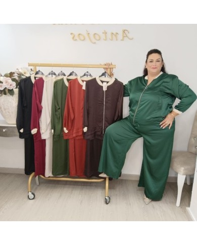 Conjunto Bomber y Pantalón Wide Leg Satinado | Verde Oliva Lujo Deportivo