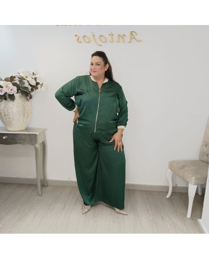Conjunto Bomber y Pantalón Wide Leg Satinado | Verde Oliva Lujo Deportivo