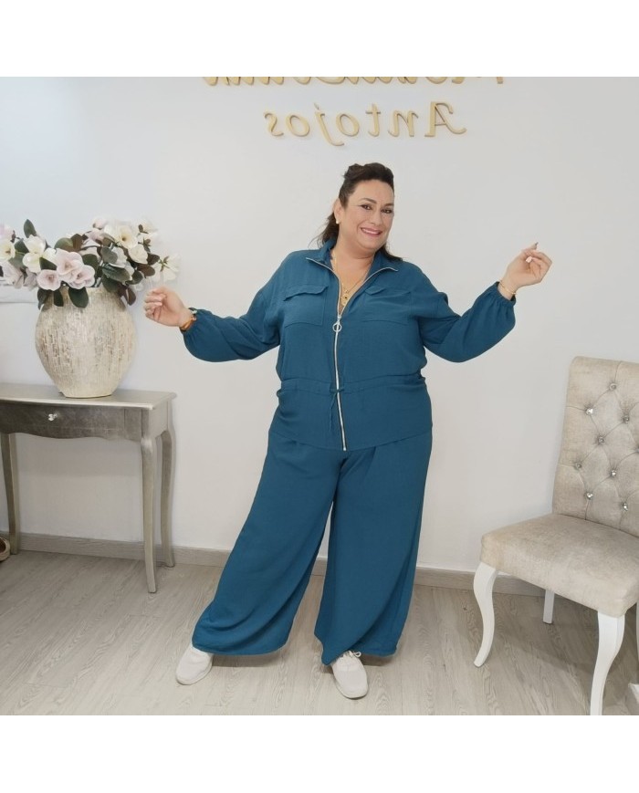 Conjunto Chaqueta Bomber Crepé Cremallera y Pantalón Ancho | Borgoña Elegante