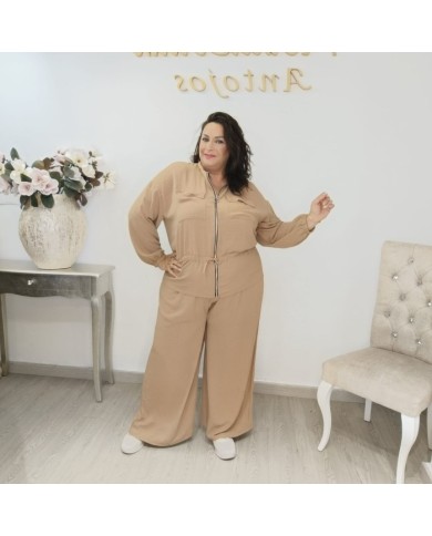 Conjunto Chaqueta Bomber Crepé Cremallera y Pantalón Ancho | Borgoña Elegante