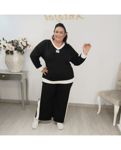 Conjunto Jersey y Pantalón Punto Bicolor | Wide Leg Marrón Chocolate Miu