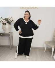 Conjunto Jersey y Pantalón Punto Bicolor | Wide Leg Marrón Chocolate Miu