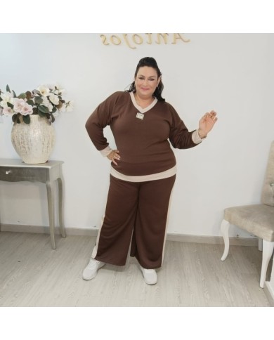 Conjunto Jersey y Pantalón Punto Bicolor | Wide Leg Marrón Chocolate Miu