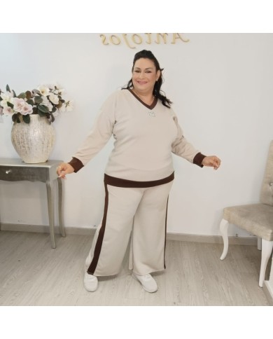 Conjunto Jersey y Pantalón Punto Bicolor | Wide Leg Marrón Chocolate Miu