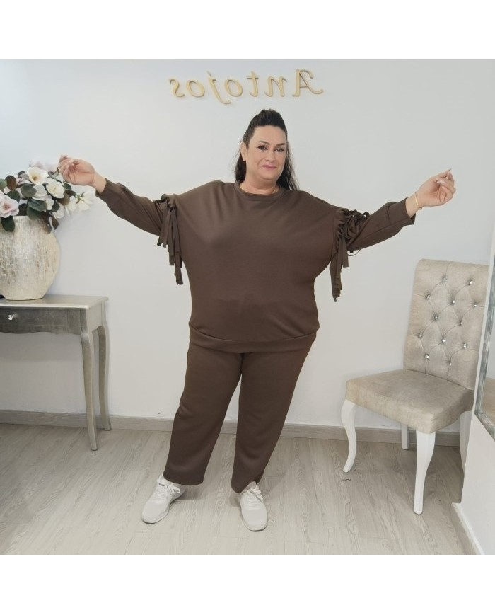 Conjunto Sudadera con Flecos y Pantalón Chándal | Marrón Oscuro Estilo Bohemio