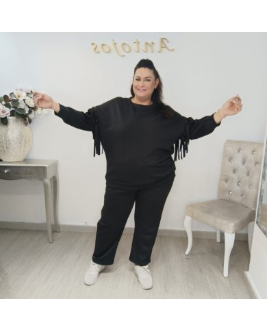 Conjunto Sudadera con Flecos y Pantalón Chándal | Marrón Oscuro Estilo Bohemio