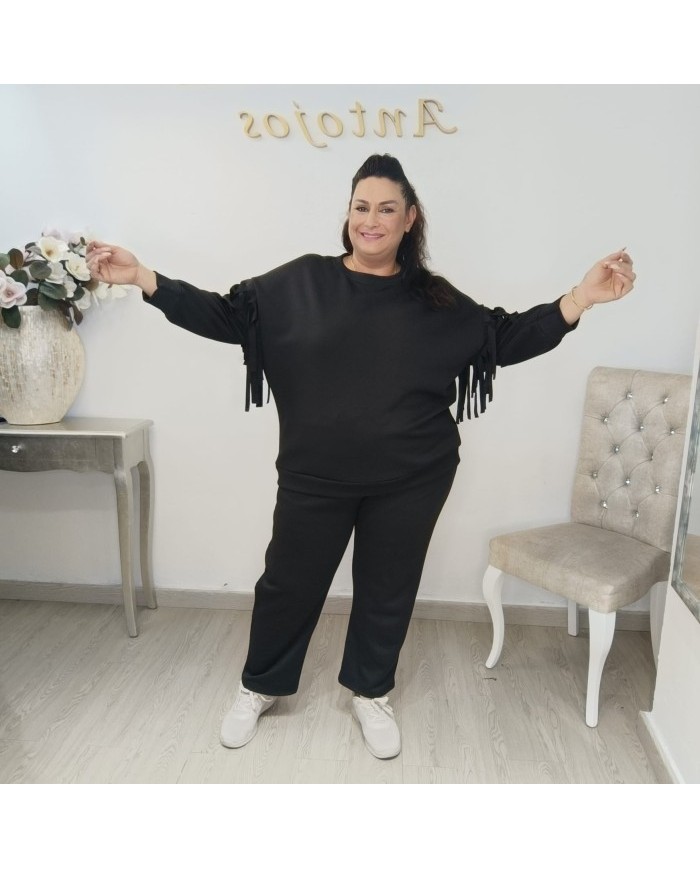 Conjunto Sudadera con Flecos y Pantalón Chándal | Marrón Oscuro Estilo Bohemio