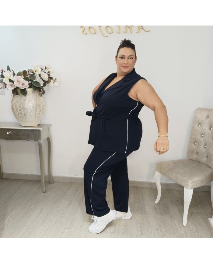 Conjunto Chaleco Sastre con Cinturón y Pantalón Raya Lateral | Azul Marino Estilo