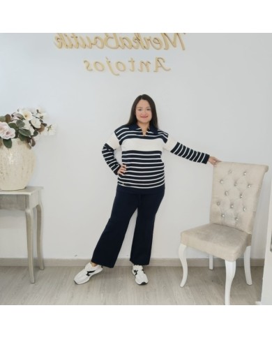 Conjunto Jersey y Pantalón Punto Rayas Marineras | Náutico Chic Azul Marino
