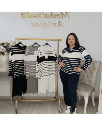 Conjunto Jersey y Pantalón Punto Rayas Marineras | Náutico Chic Azul Marino