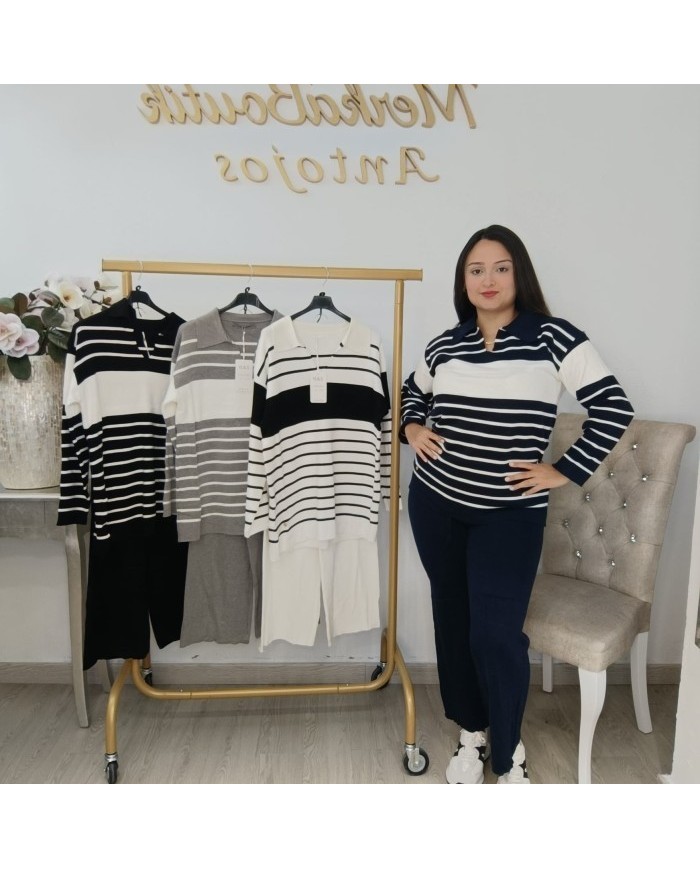 Conjunto Jersey y Pantalón Punto Rayas Marineras | Náutico Chic Azul Marino