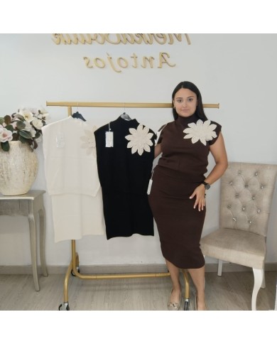 Conjunto Jersey Punto y Falda Lápiz | Flor Crochet 3D Marrón Chocolate