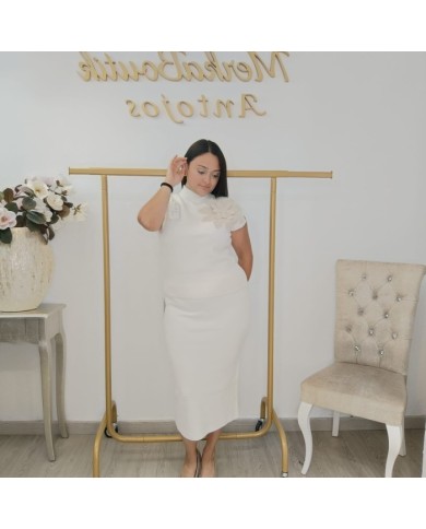 Conjunto Jersey Punto y Falda Lápiz | Flor Crochet 3D Marrón Chocolate