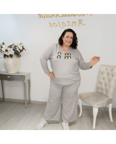 Conjunto Jersey y Pantalón Punto Gráfico | Wide Leg Azul Denim Mina