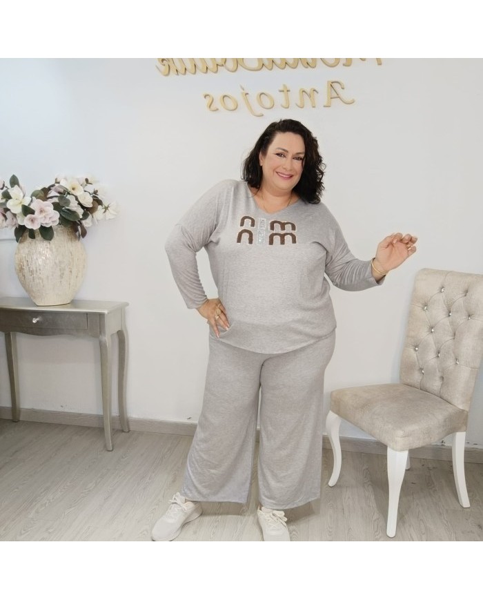 Conjunto Jersey y Pantalón Punto Gráfico | Wide Leg Azul Denim Mina