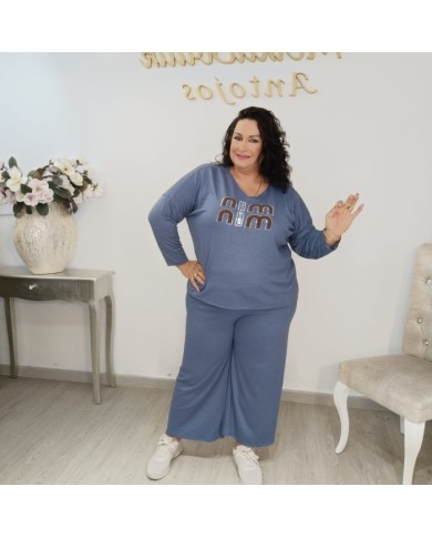 Conjunto Jersey y Pantalón Punto Gráfico | Wide Leg Azul Denim Mina