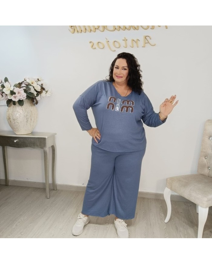 Conjunto Jersey y Pantalón Punto Gráfico | Wide Leg Azul Denim Mina