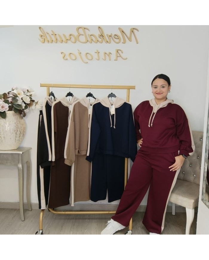 Conjunto Chándal Bicolor Capucha y Pantalón Wide Leg | Deportivo Sandra Borgoña
