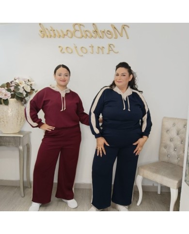 Conjunto Chándal Bicolor Capucha y Pantalón Wide Leg | Deportivo Sandra Borgoña