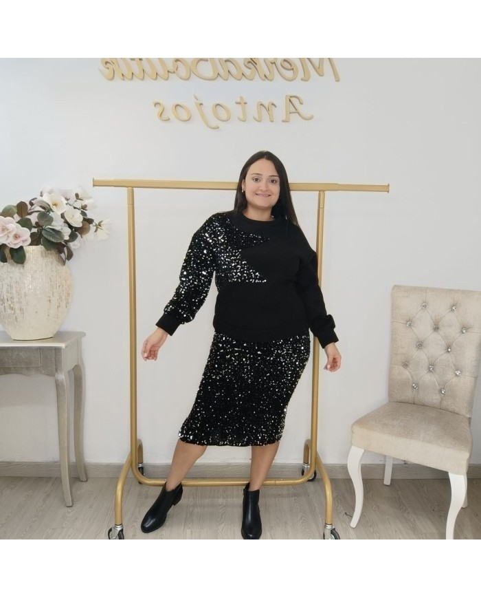 Conjunto Sudadera y Falda Lentejuelas Estrella | Brilli Fiesta Casual