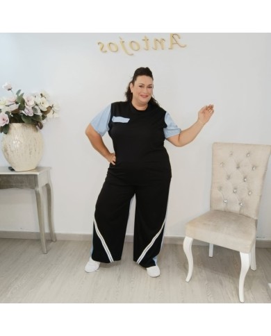 Conjunto Camiseta Bicolor y Pantalón Ancho Raya Lateral | Deportivo Diana Negro