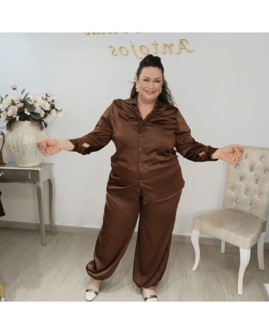 Conjunto Camisa y Pantalón Satén Lounge | Elegante Perla Gala