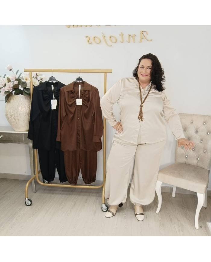 Conjunto Camisa y Pantalón Satén Lounge | Elegante Perla Gala