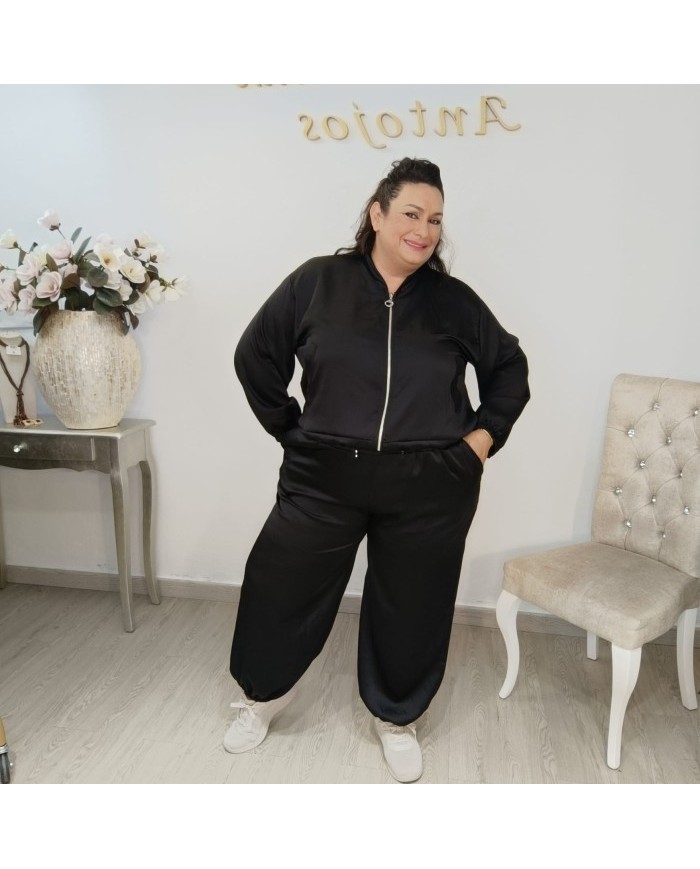 Conjunto Bomber y Pantalón Jogger Satén | Bombacho Maxi Marrón Chocolate