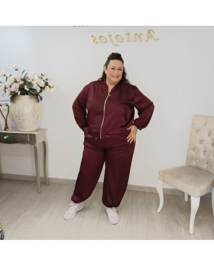 Conjunto Bomber y Pantalón Jogger Satén | Bombacho Maxi Marrón Chocolate