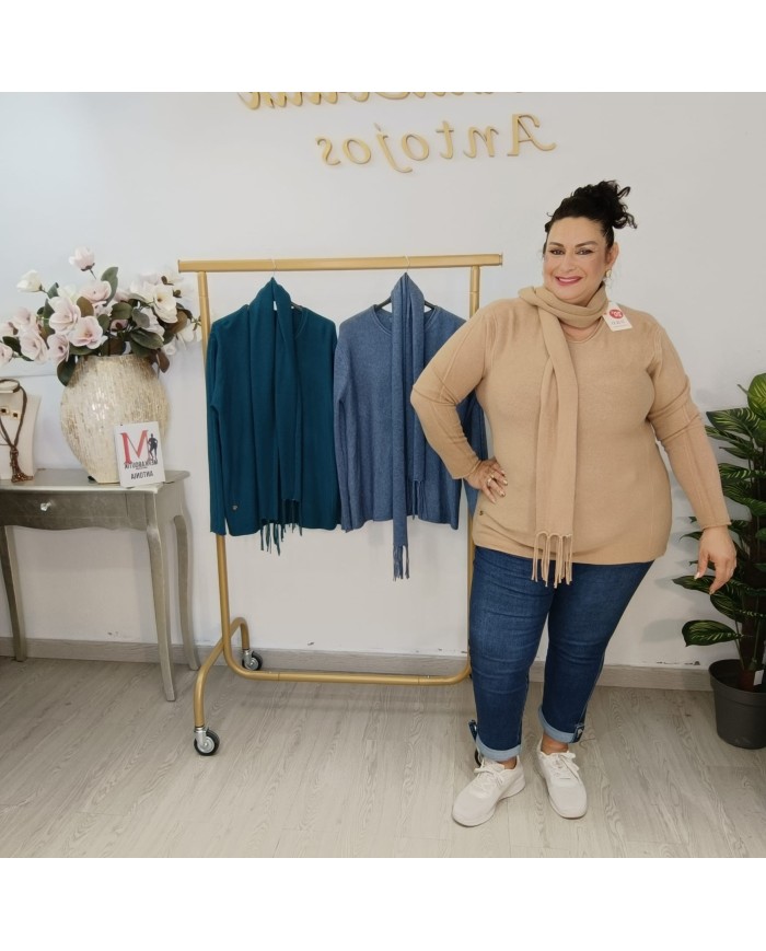 Jersey Punto Oversize y Bufanda a Juego Flecos | Conjunto 2 Piezas | 3 Colores