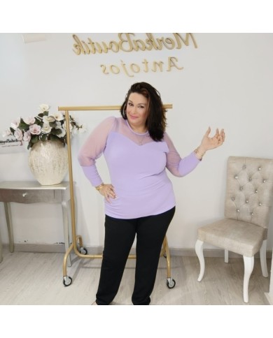 Camiseta Corazón Lila Gasa Transparente | Manga Larga Elegante Camiseta Corazón Lila Gasa Transparente | Manga Larga Elegante