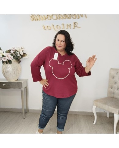 Camiseta Sudadera Ratón Brillos | Manga Larga Oversize Burdeos Camiseta Sudadera Ratón Brillos | Manga Larga Oversize Burdeos