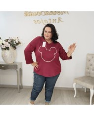 Camiseta Sudadera Ratón Brillos | Manga Larga Oversize Burdeos