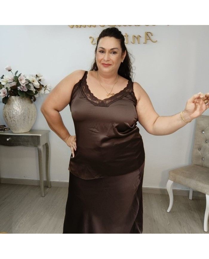 Lencera Satén Cristal con Encaje - Top Brillo Lujoso