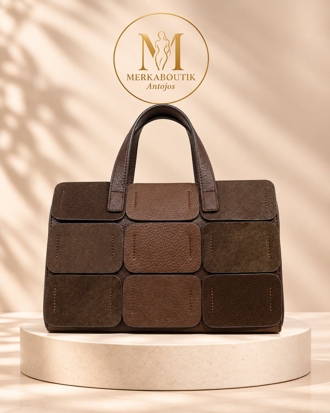 Bolso Ancona con diseño efecto patchwork en diferentes tonos marrones, complemento de moda MerkaBoutik