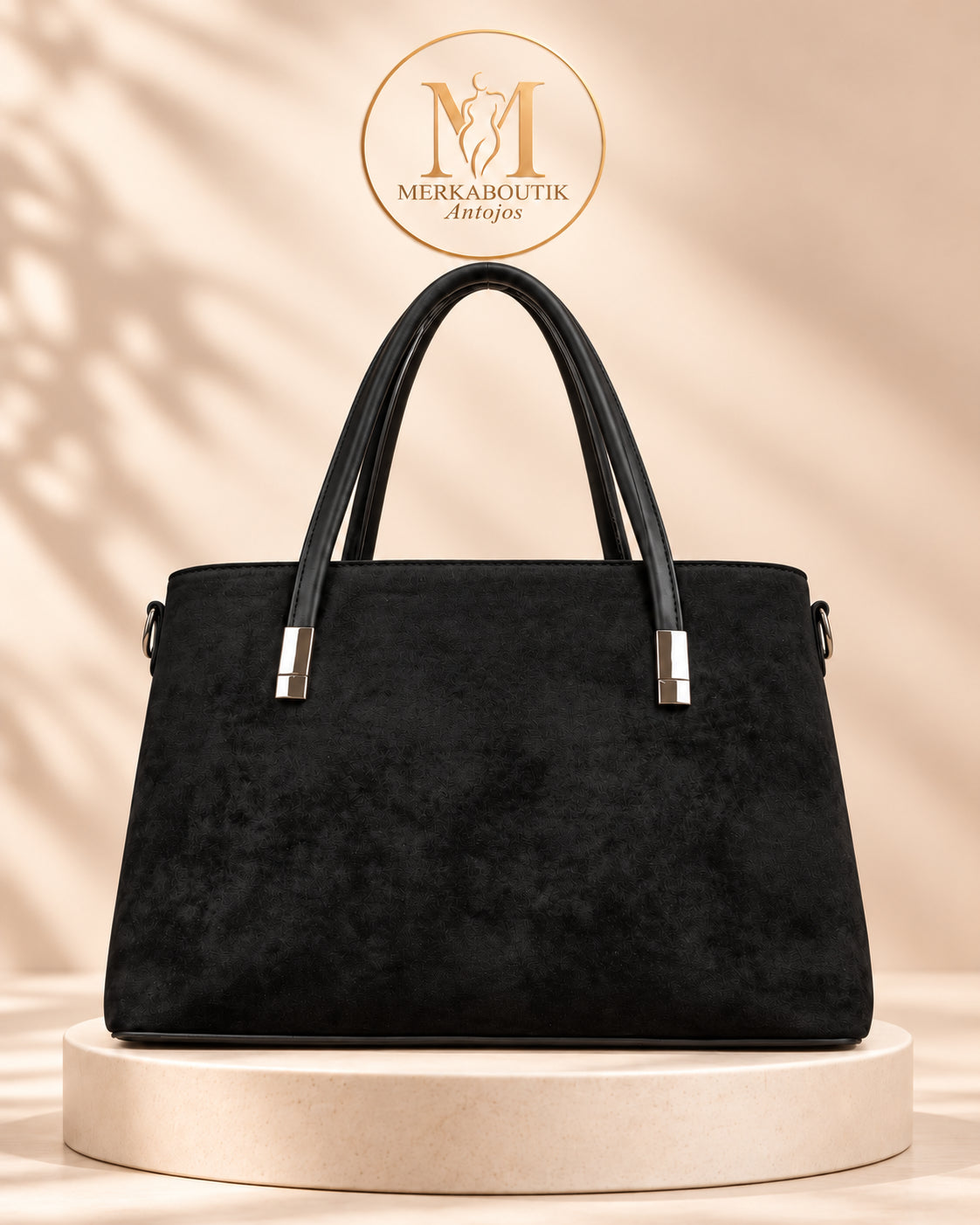 Bolso Turín grande de antelina en color negro, con cierre superior de cremallera