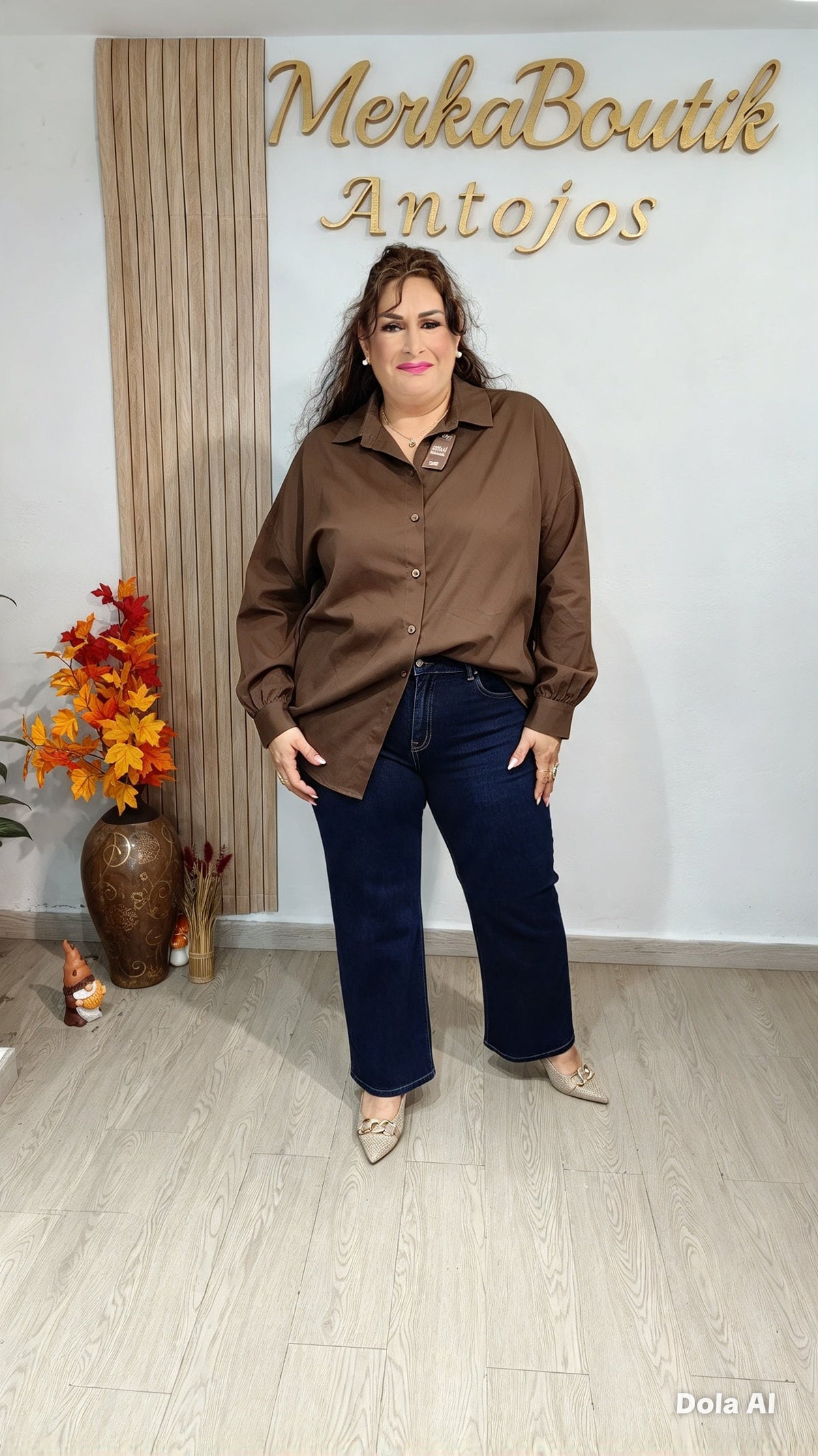 Camisa Básica Maxi curvy en color chocolate, vista completa en modelo, tallas 48 a 54
