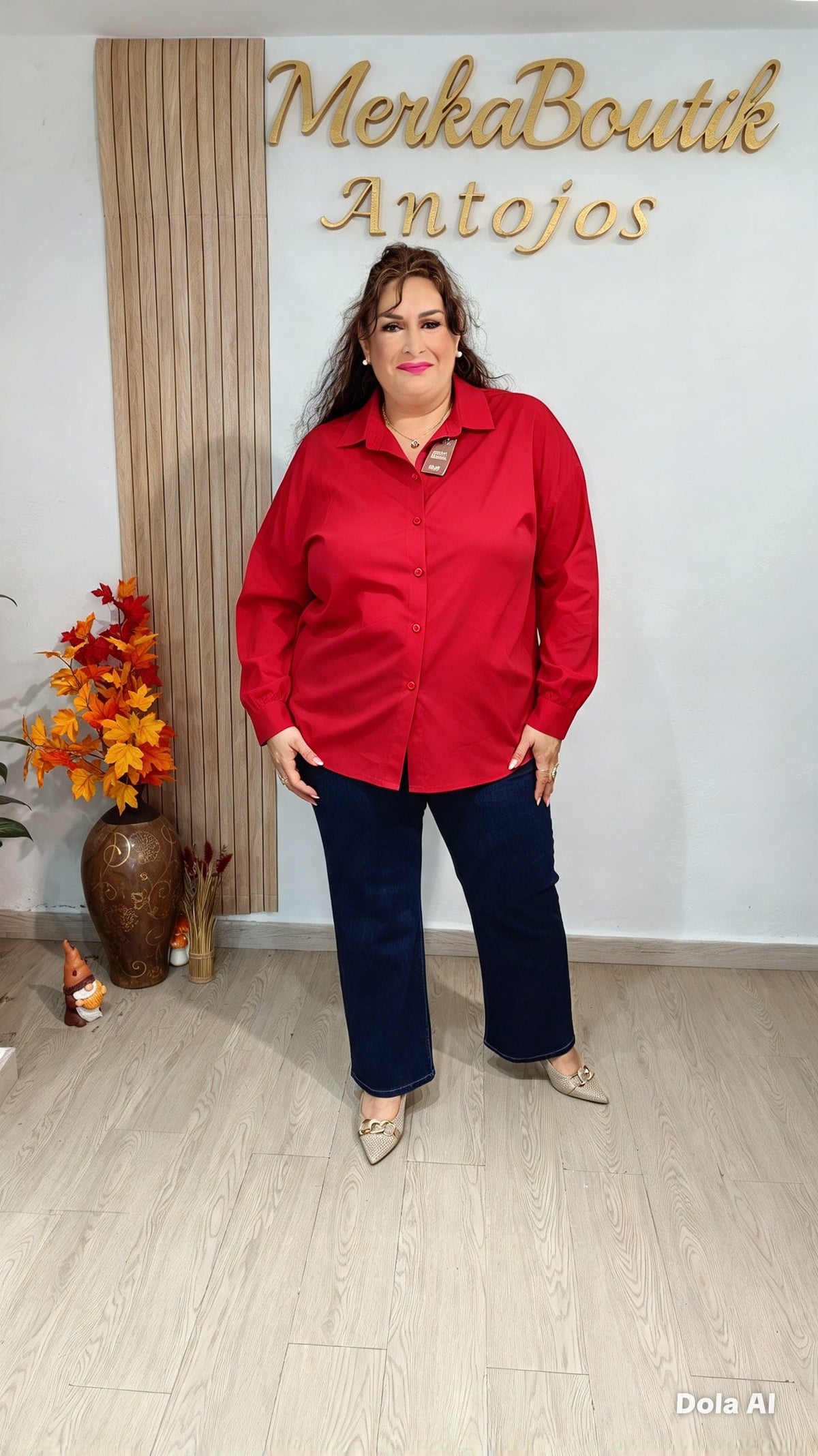 Camisa Básica Maxi curvy en color rojo, vista completa en modelo, tallas 48 a 54