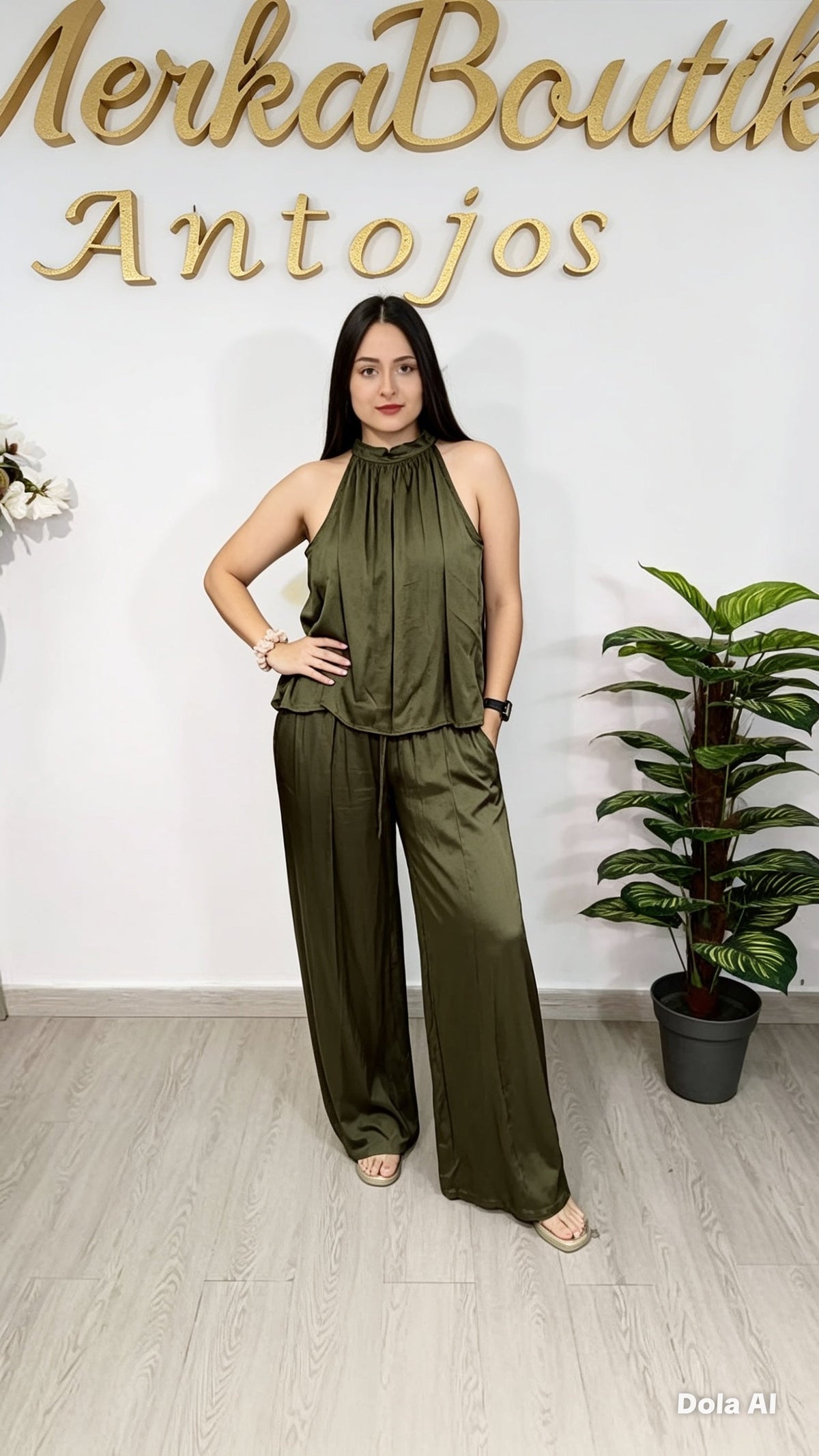 Conjunto Alejandra de satén en verde caza